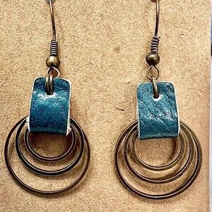 Boho earrings for women, leather and vintage gold hoops, geometric circle dangle